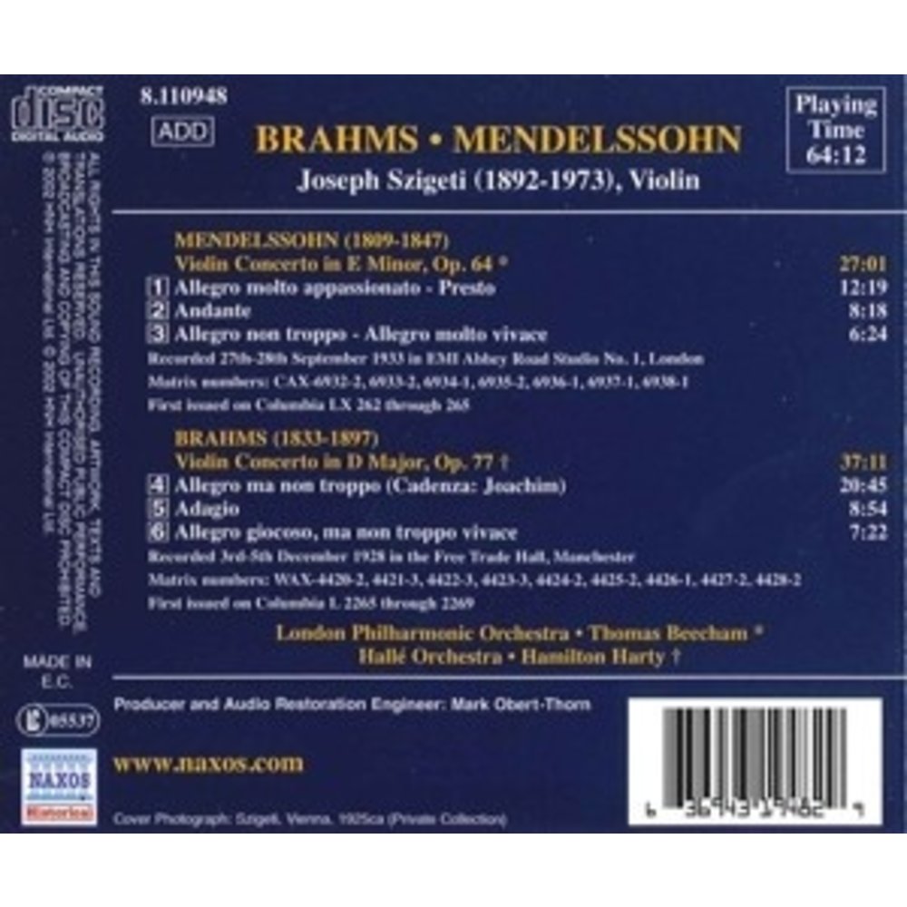 Szigeti:brahms.mendelssohn.vio