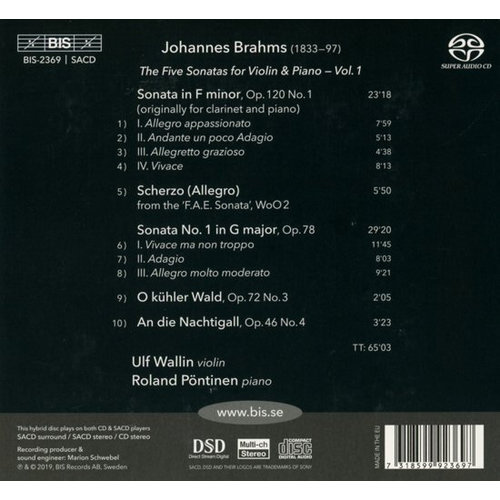BIS Brahms: The Five Sonatas For Violin & Piano Vol.1