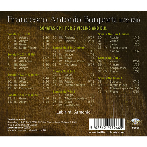 Brilliant Classics Bonporti: Sonatas Op. 1 For 2 Violins And B.c.