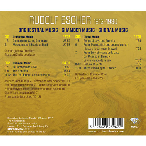 Brilliant Classics Rudolf Escher: Orchestra, Chamber And Choral Music