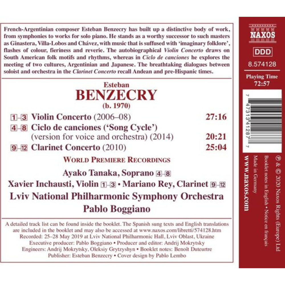 Naxos Benzecry: Ciclo de canciones - Violin Concerto - Clarinet Concerto
