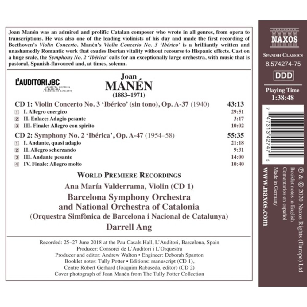 Naxos MANEN: VIOLIN CONCERTO NO. 3 'IBERICO' - SYMP