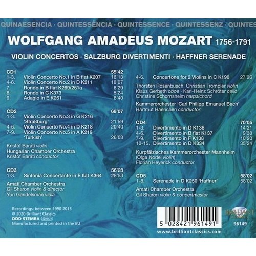 Brilliant Classics Quintessence Mozart: Violin Concertos, Salzburg Divertimenti, Haffner Serenade (5CD)