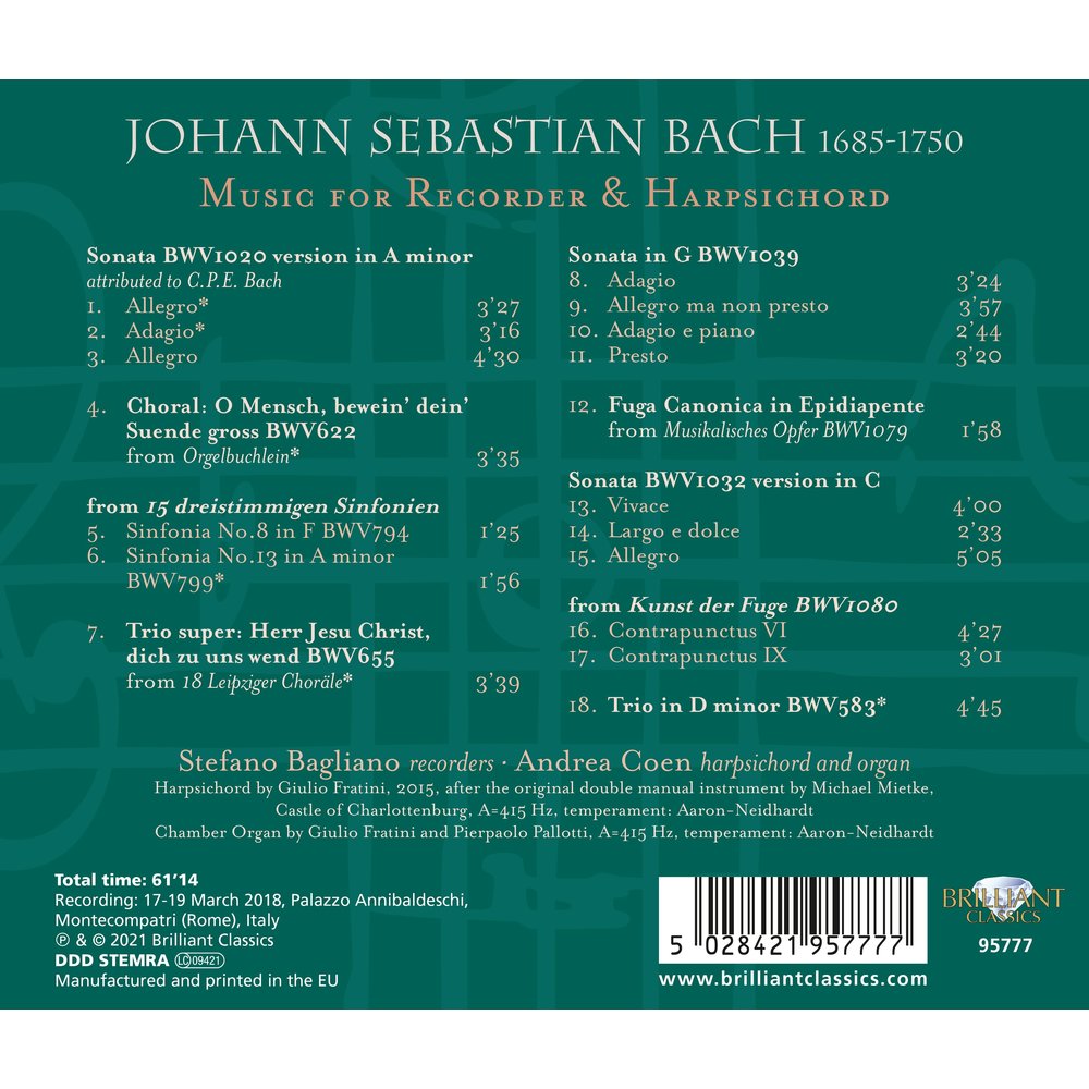 Brilliant Classics J.S. Bach: Music for Recorder & Harpsichord