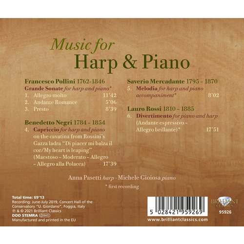 Brilliant Classics Music for Harp and Piano: Pollini, Negri, Mercadante, Ross