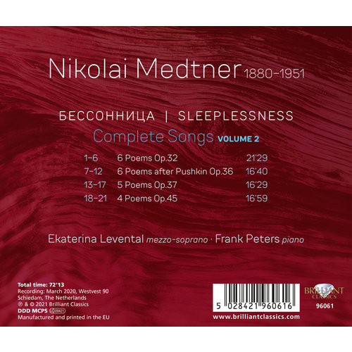 Brilliant Classics Medtner: Sleeplessness Complete Songs Vol.2