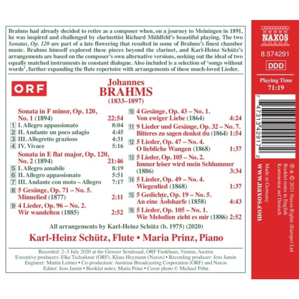 Naxos BRAHMS: CLARINET SONATAS, OP. 120 (FLUTE AND PIANO VERSIONS)