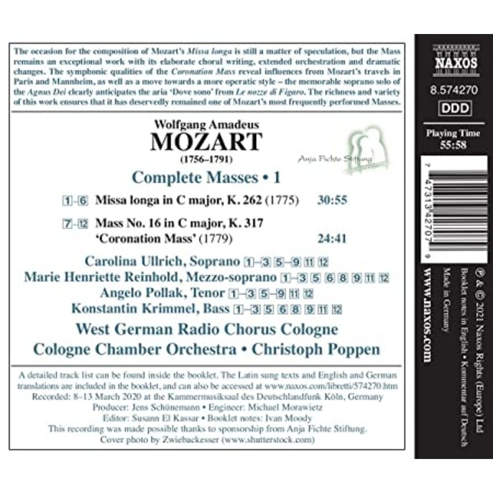 Naxos MOZART: COMPLETE MASSES, VOL. 1 : MASS NO. 16 'CORONATION