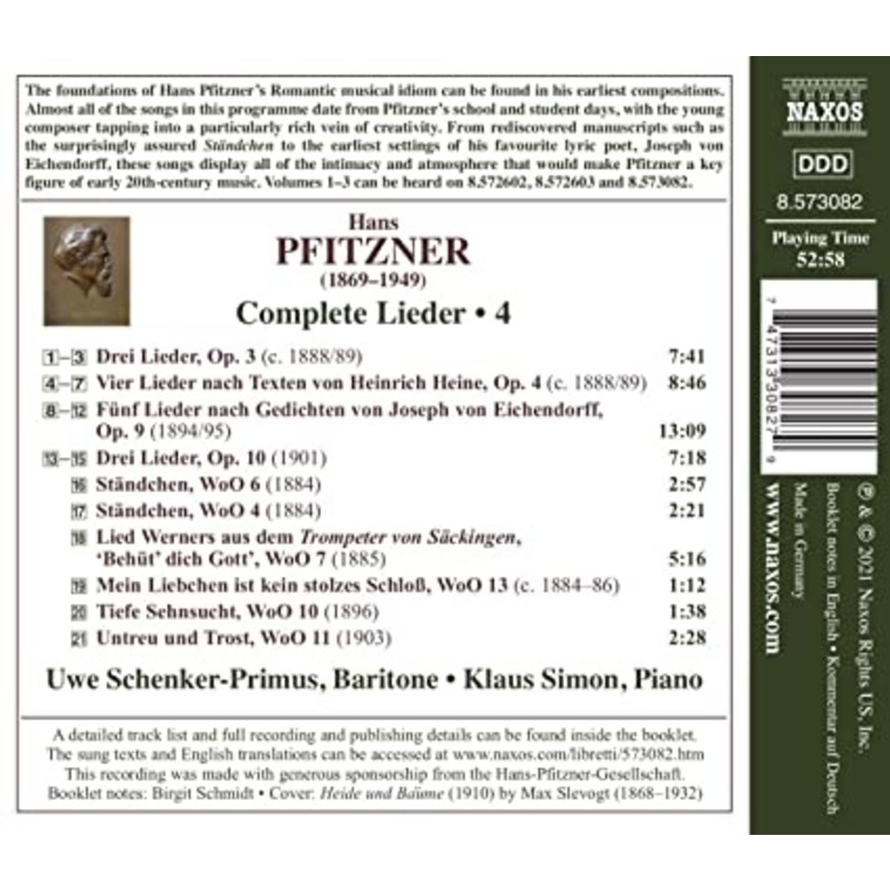 Naxos PFITZNER: COMPLETE LIEDER, VOL. 4 - VIER LIEDER NACH TEXTEN