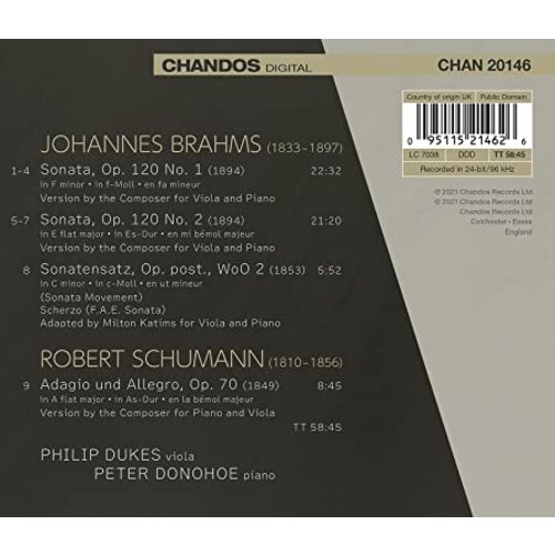 CHANDOS BRAHMS: VIOLA SONATAS 1 & 2 - SCHUMA