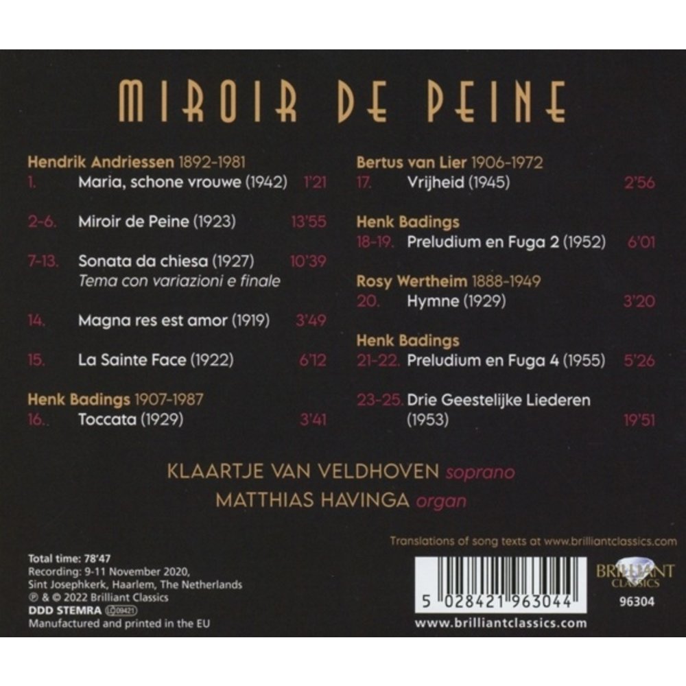 Brilliant Classics MIROIR DE PEINE BY ANDRIESSEN, BADINGS, WERTHEIM AND VAN LIER