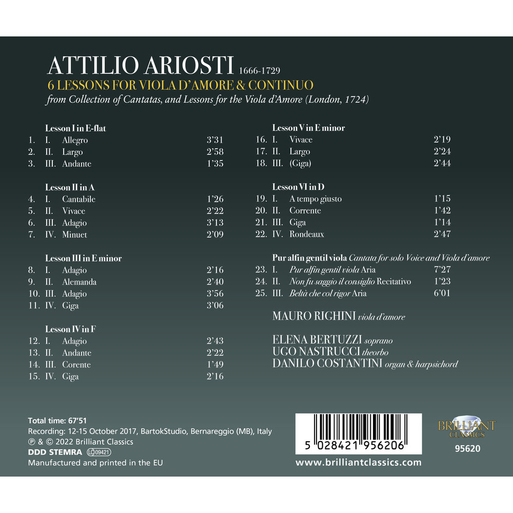 Brilliant Classics ARIOSTI: 6 LESSONS FOR VIOLA D'AMORE AND CONTINUO