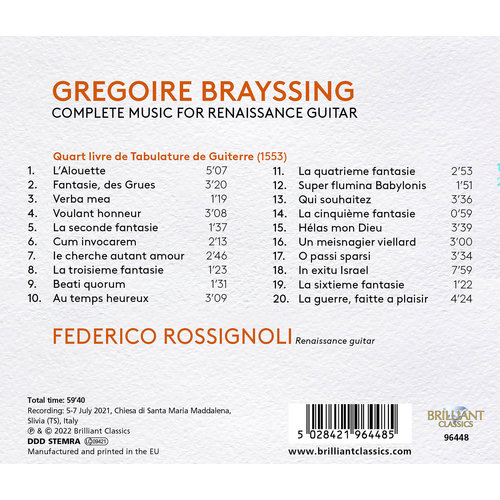 Brilliant Classics BRAYSSING: COMPLETE MUSIC FOR RENAISSANCE GUITAR