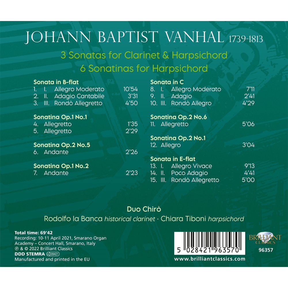 Brilliant Classics VANHAL: 3 SONATAS FOR CLARINET & HARPSICHORD, 6 SONATINAS FOR HARPSICHORD