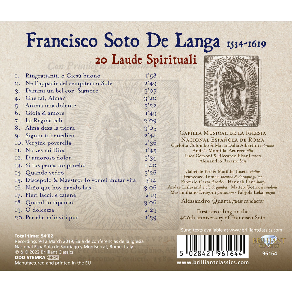Brilliant Classics SOTO DE LANGA: 20 LAUDE SPIRITUALI