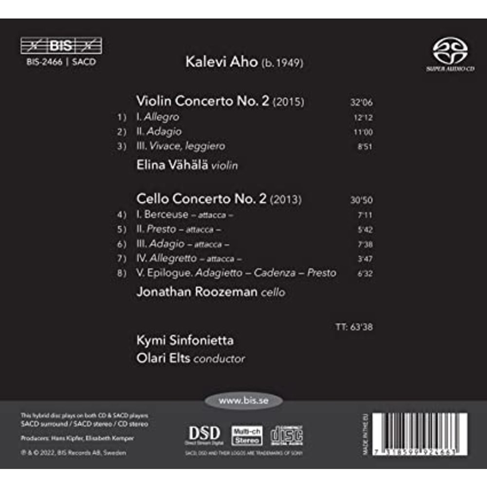 BIS AHO: CONCERTOS FOR VIOLIN AND FOR CELLO