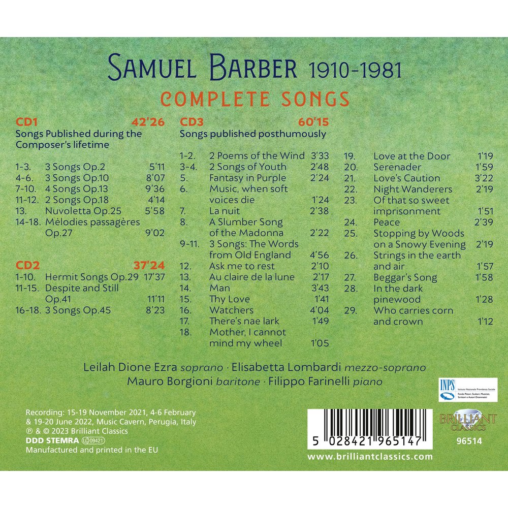 Brilliant Classics BARBER: COMPLETE SONGS (3CD)