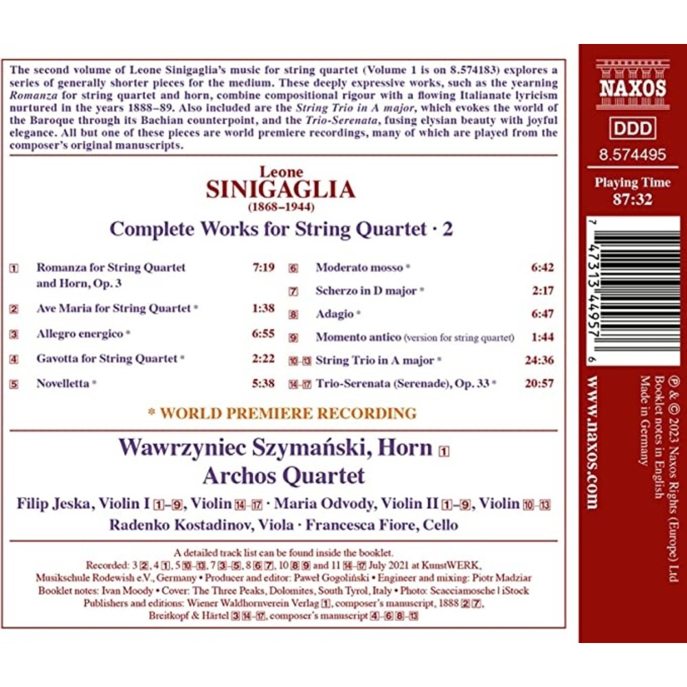 Naxos SINIGAGLIA: COMPLETE WORKS FOR STRING QUARTET, VOL. 2