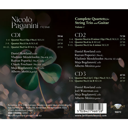 Brilliant Classics PAGANINI: COMPLETE QUARTETS FOR STRING TRIO AND GUITAR VOL.1 (3CD)