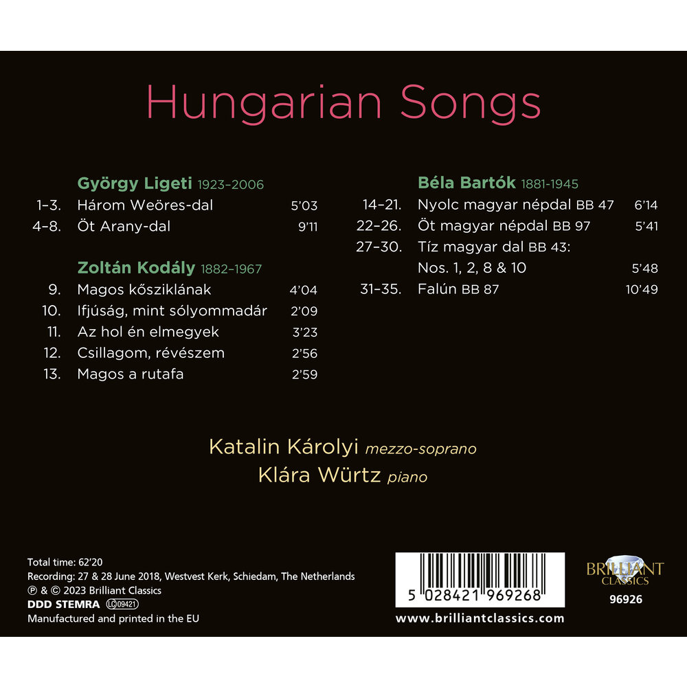 Brilliant Classics HUNGARIAN SONGS: BARTOK, KODALY & LIGETI