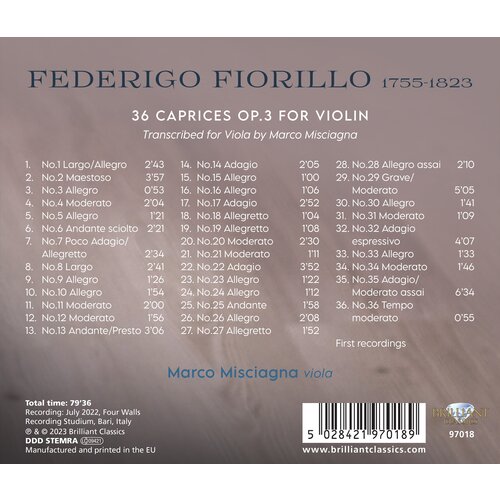 Brilliant Classics FIORILLO: 36 CAPRICES OP.3 FOR VIOLIN, TRANSCRIBED FOR VIOLA BY MARCO MASCIAGNI