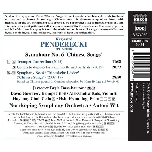 Naxos PENDERECKI: SYMPHONY NO. 6 'CHINESE SONGS'