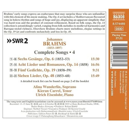 Naxos BRAHMS: COMPLETE SONGS, VOL. 4 OPP. 6, 14, 19 AND 48 (VOL.4)