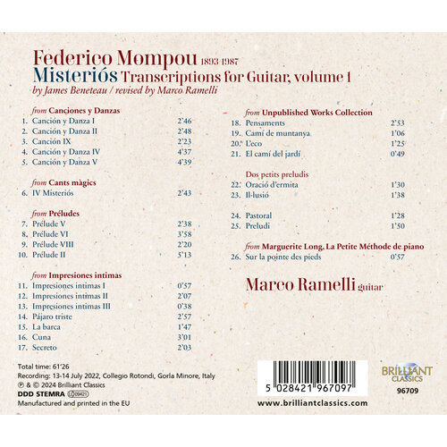 Brilliant Classics MOMPOU: MISTERIOS, TRANSCRIPTIONS FOR GUITAR, VOL.1