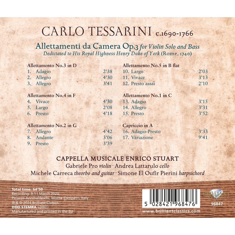 Brilliant Classics TESSARINI: ALLETTAMENTI DA CAMERA FOR VIOLIN SOLO