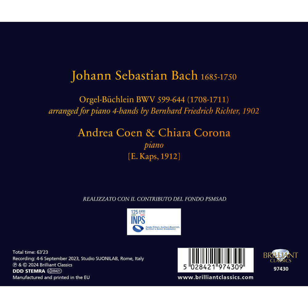 Brilliant Classics J.S. BACH: ORGELBUCHLEIN, BWV 599-644 ARRANGED FOR PIANO 4-HANDS