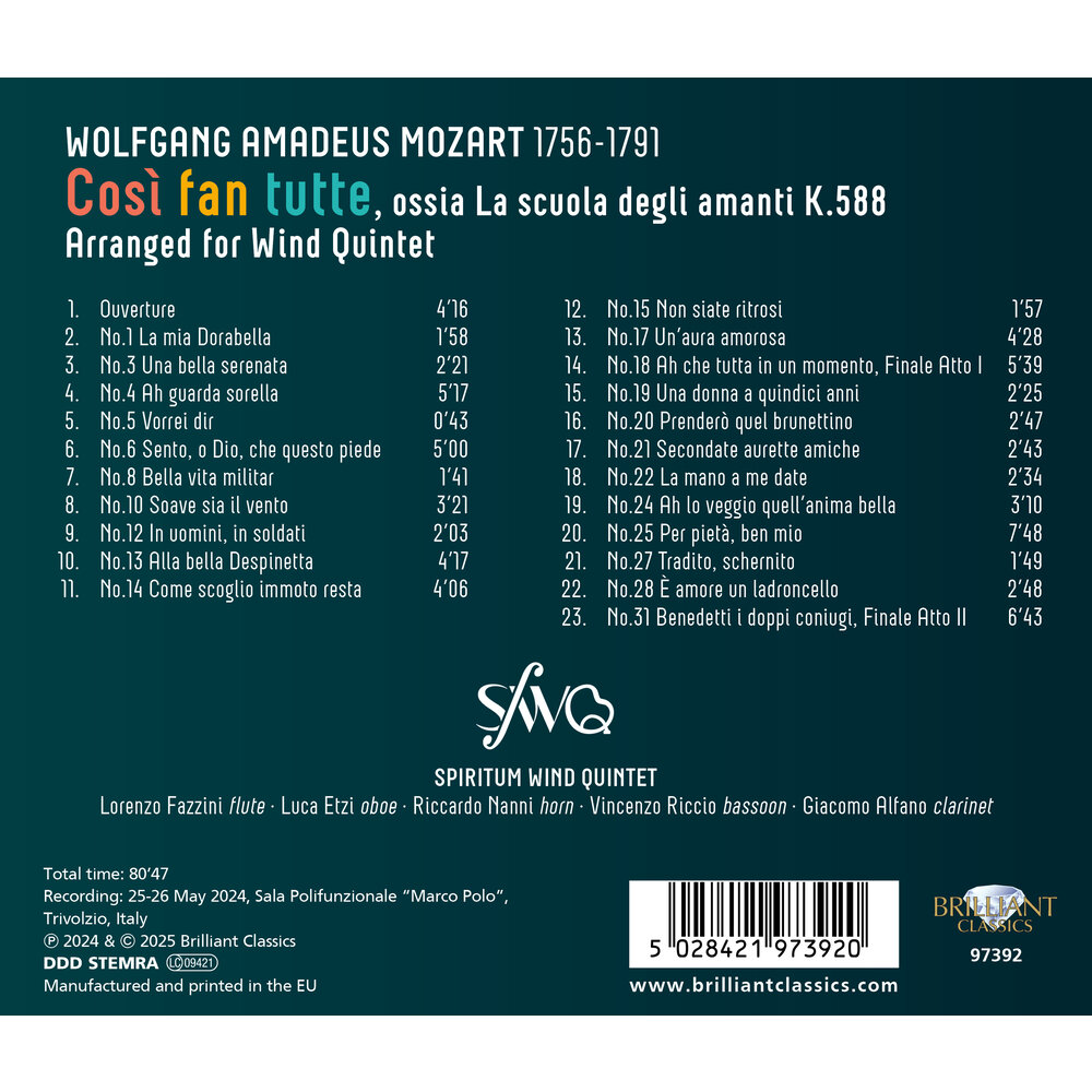 Brilliant Classics MOZART: COSÍ FAN TUTTE, ARRANGED FOR WIND QUINTET