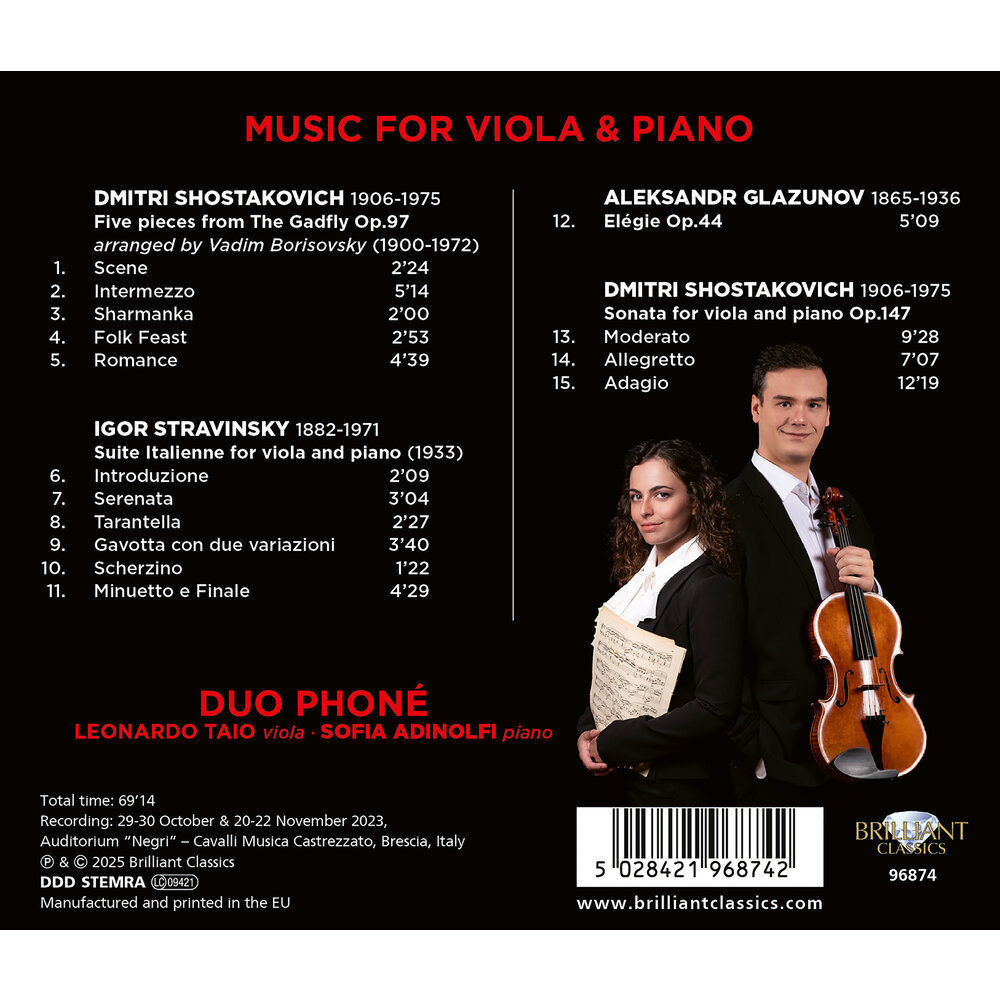 Brilliant Classics MUSIC FOR VIOLA AND PIANO BY SHOSTAKOVICH, STRAVINSKY, GLAZUNOV