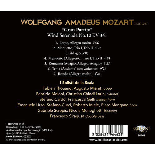Brilliant Classics MOZART: WIND SERENADE, KV.361 "GRAN PARTITA"