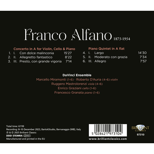 Brilliant Classics ALFANO: CONCERTO FOR VIOLIN, CELLO & PIANO, PIANO QUINTET