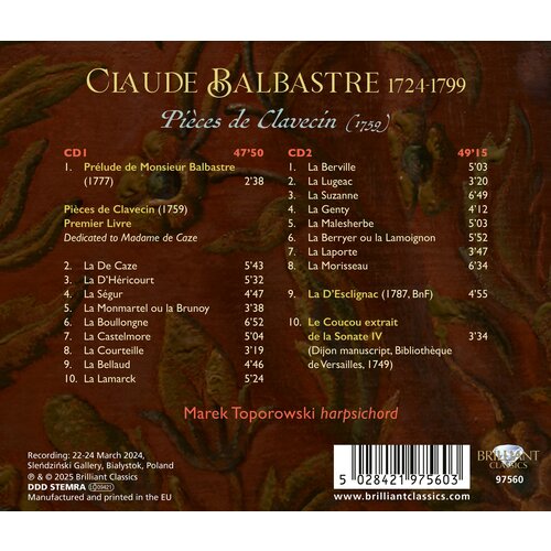 Brilliant Classics BALBASTRE: PIÈCES DE CLAVECIN (1759) (2CD)