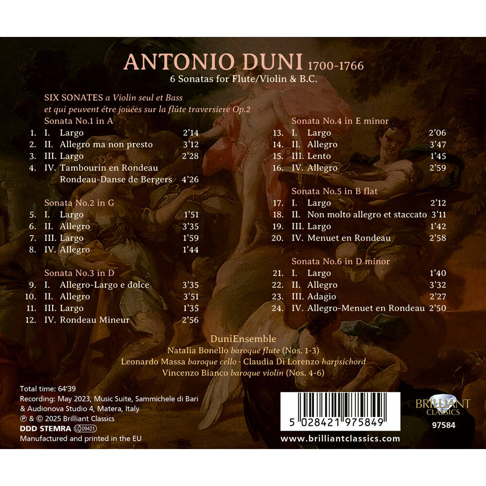 Brilliant Classics DUNI: 6 SONATAS FOR FLUTE/VIOLIN & B.C.