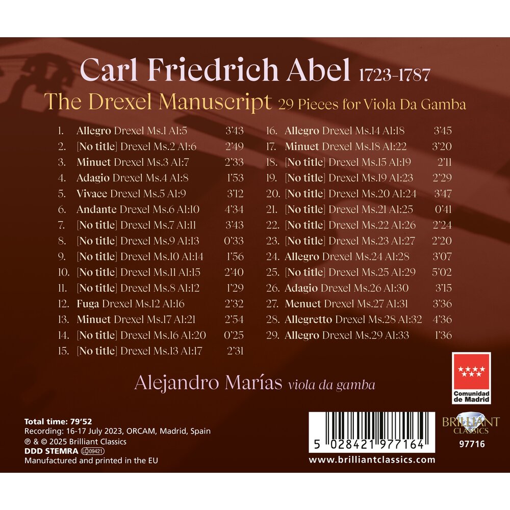 Brilliant Classics ABEL: THE DREXEL MANUSCRIPT, 29 PIECES FOR VIOLA DA GAMBA