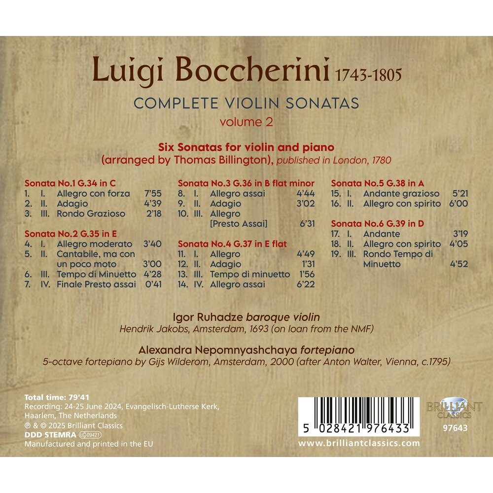 Brilliant Classics BOCCHERINI: COMPLETE VIOLIN SONATAS, VOL. 2