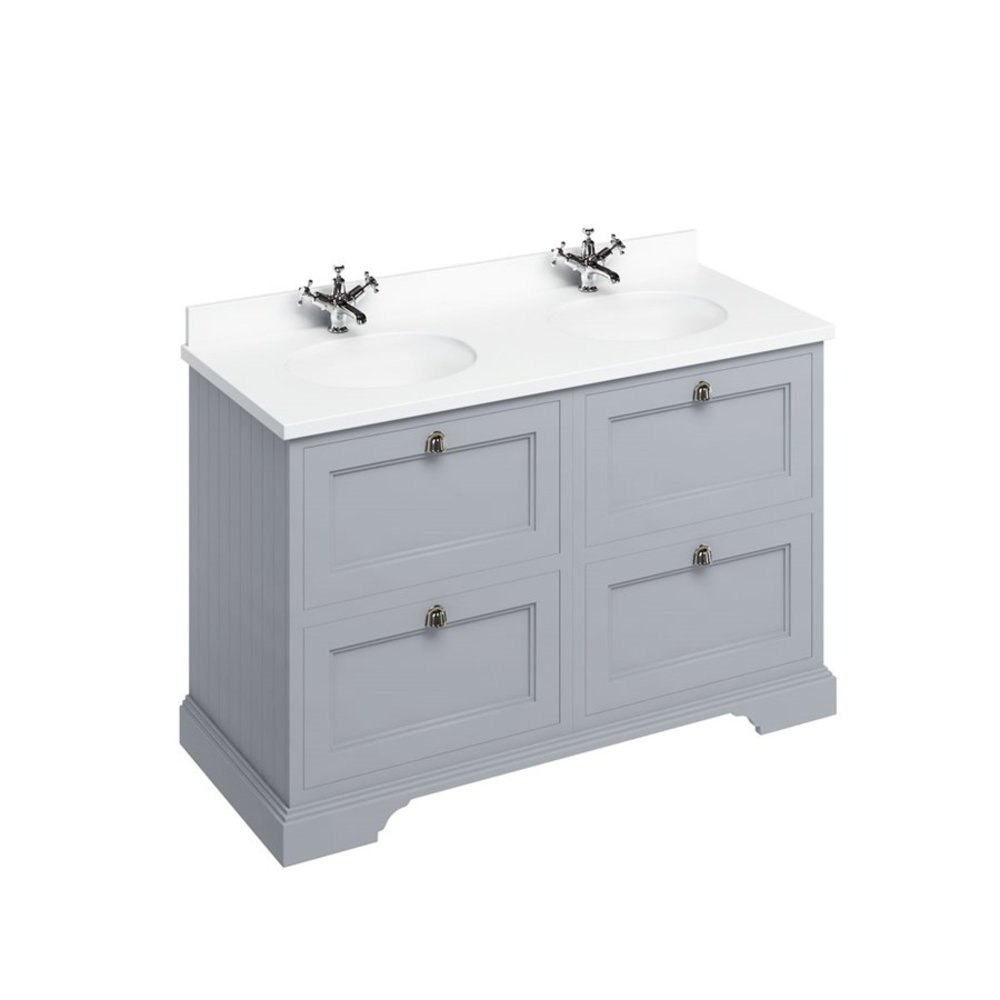 BB Edwardian 130 basin unit with white Minerva top and 2 basins FC10-BW12