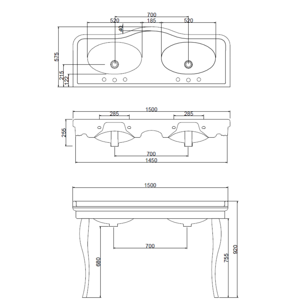Sbordoni ex Showroom: Klassisches Doppel-Konsolenwaschtisch SB Palladio 150cm mit Keramik-Beinen