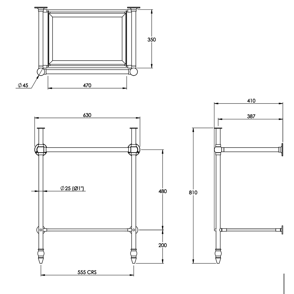 Bard & Brazier B&B  Clarence Untergestell mit Glasplatte für Charterhouse 62cm Waschbecken - CBG