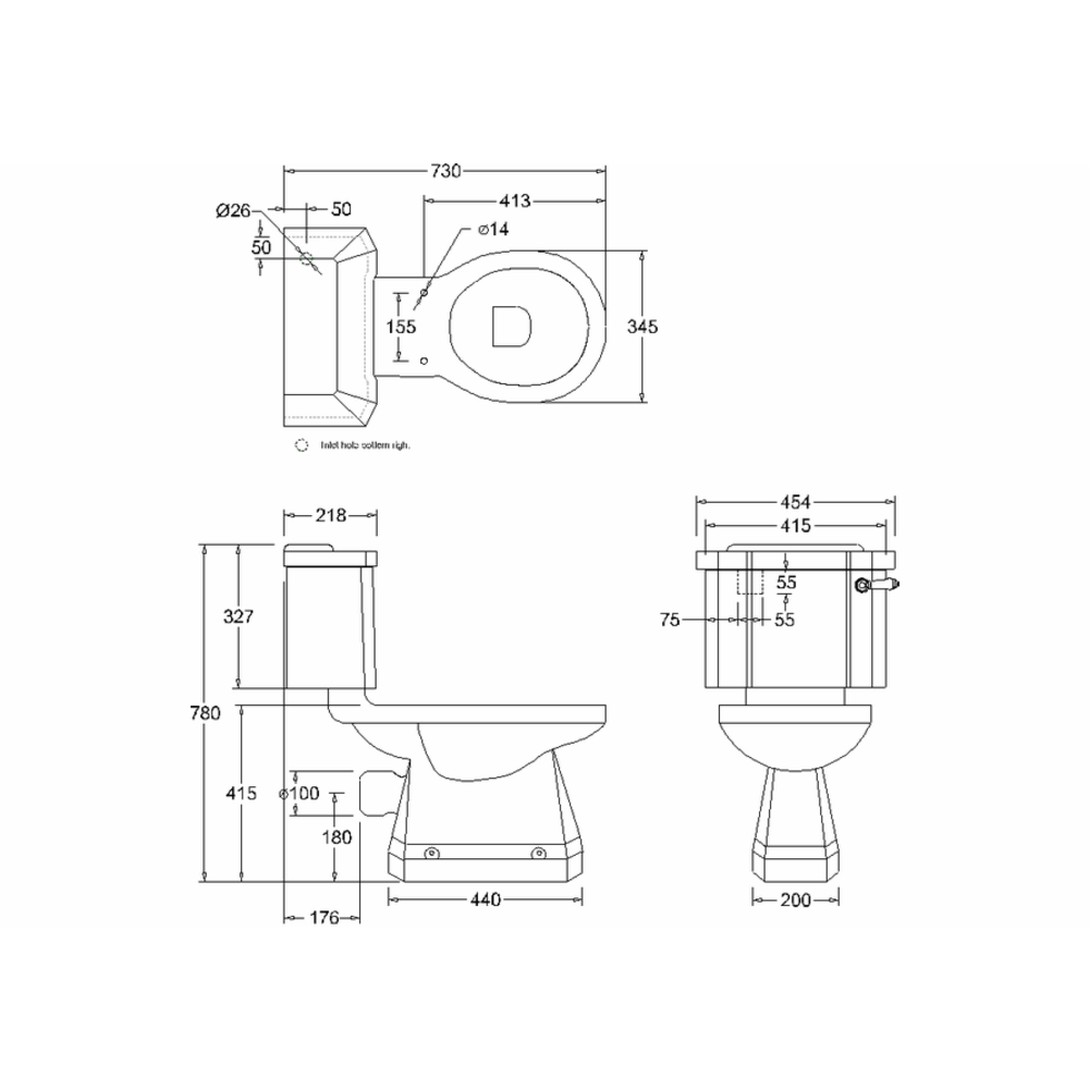 BB Edwardian Close coupled toilet with cistern - p-trap - rimless pan