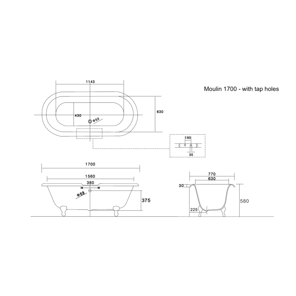 Arroll Freestanding cast iron bath with feet 'Moulin'  - 1700