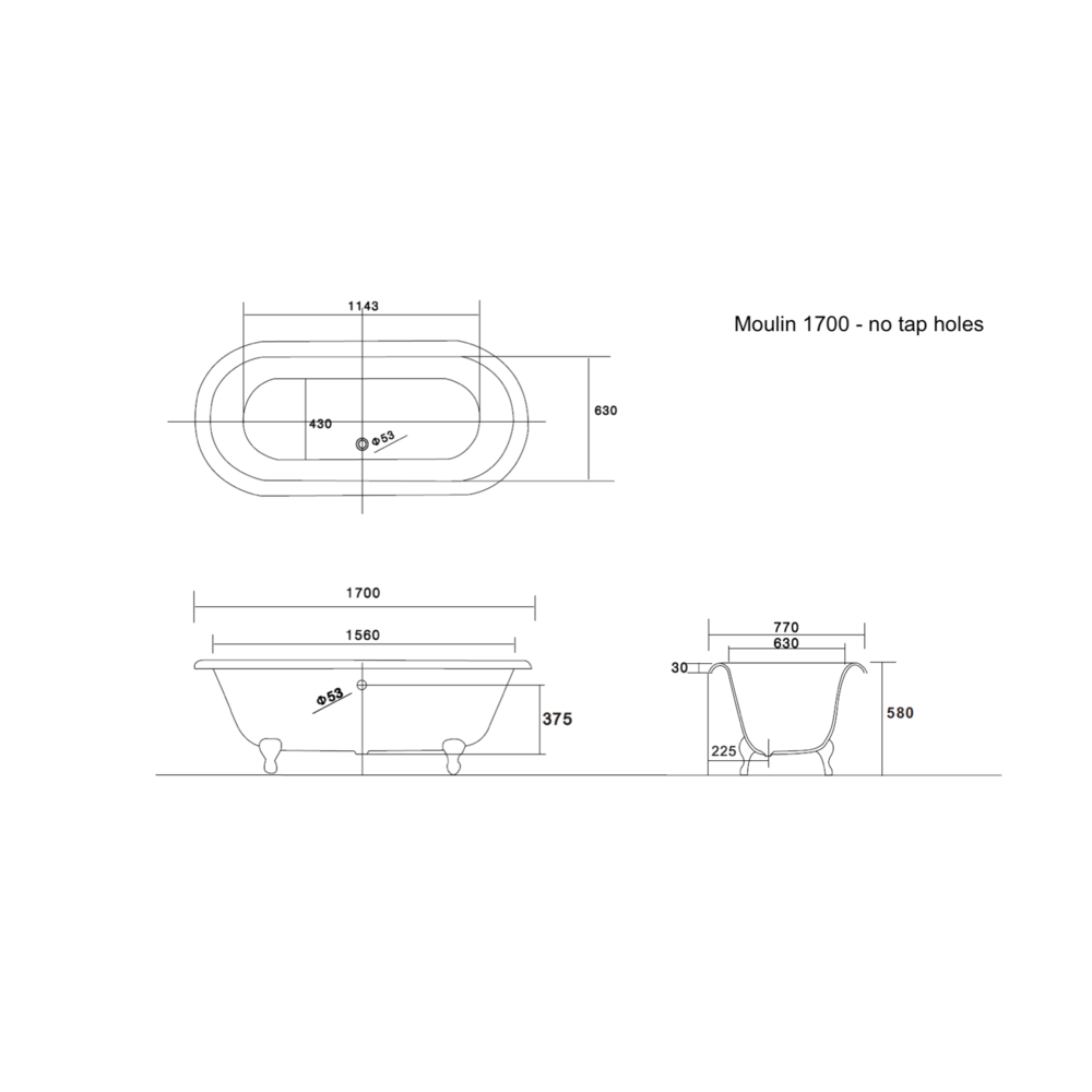 Arroll Freestanding cast iron bath with feet 'Moulin'  - 1700