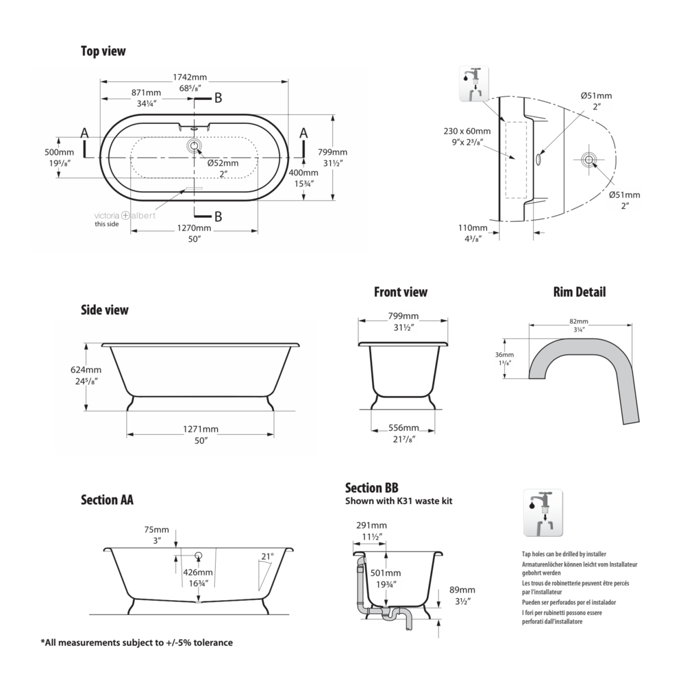 Victoria + Albert V+A Freistehende Badewanne York 1750