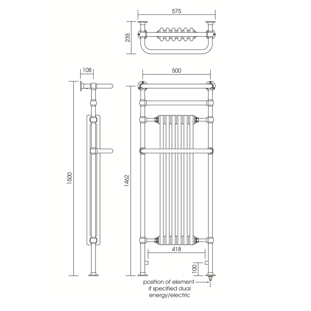 Imperial IMP Traditional towel rail with white column inset Malmo 6 bar 1500