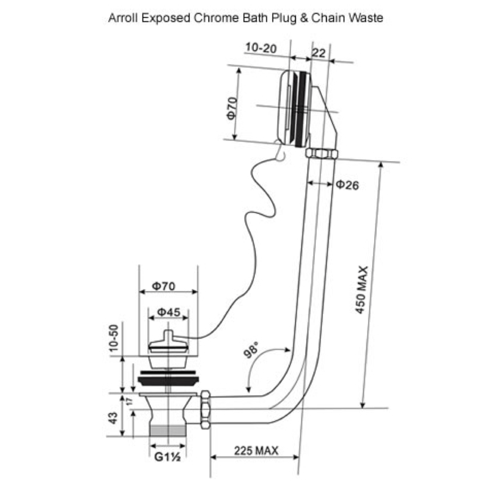 Arroll Exposed bath waste with with plug & chain ARB-1044