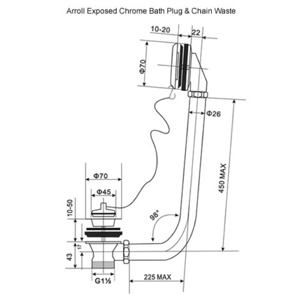 Arroll Uitwendige badafvoer en overloop met stop en ketting ARB-1044