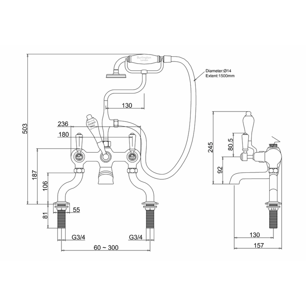 BB Edwardian Black Kensington Black bath shower mixer with stand pipes