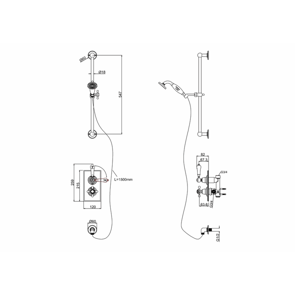 BB Edwardian Trent Concealed thermostatic shower valve with hand shower